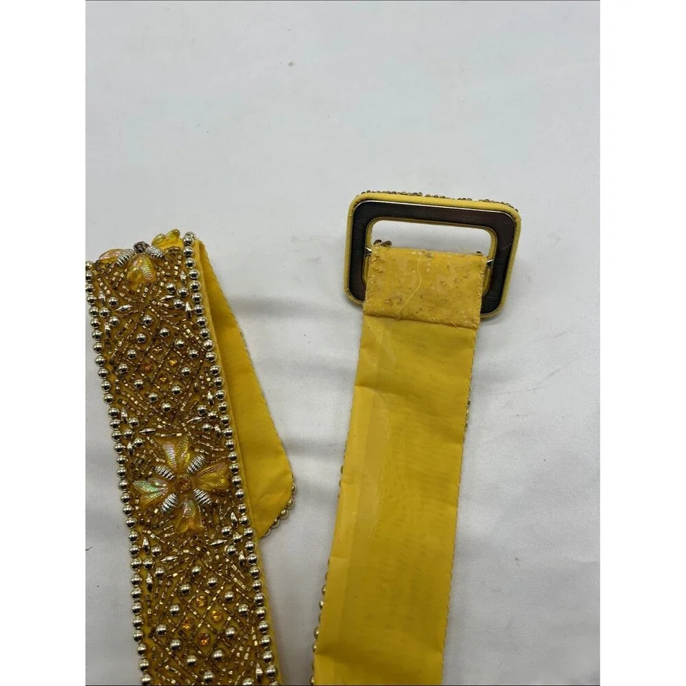 Vintage NWOT 1970s Yellow Gold Beaded Floral Wide Belt